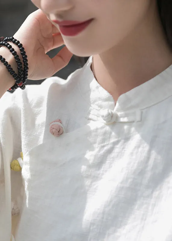 Loose White Button Side Open Patchwork Linen Shirt Top Fall ML2283