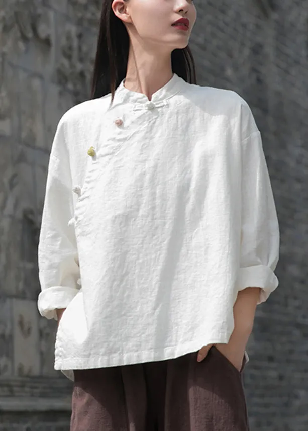 Loose White Button Side Open Patchwork Linen Shirt Top Fall ML2283