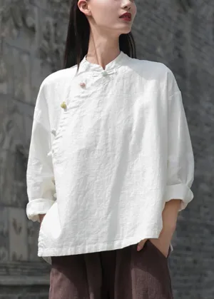 Loose White Button Side Open Patchwork Linen Shirt Top Fall ML2283