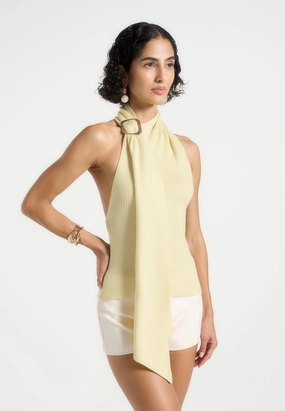 Overlock Edge Finish Elodie - Knitted Draped Halterneck Top - Pale Yellow