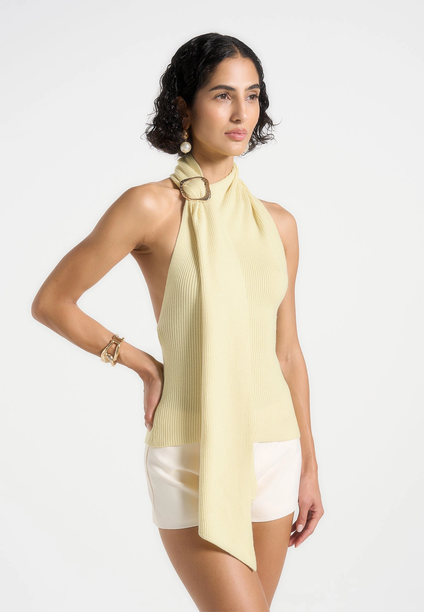 Overlock Edge Finish Elodie - Knitted Draped Halterneck Top - Pale Yellow