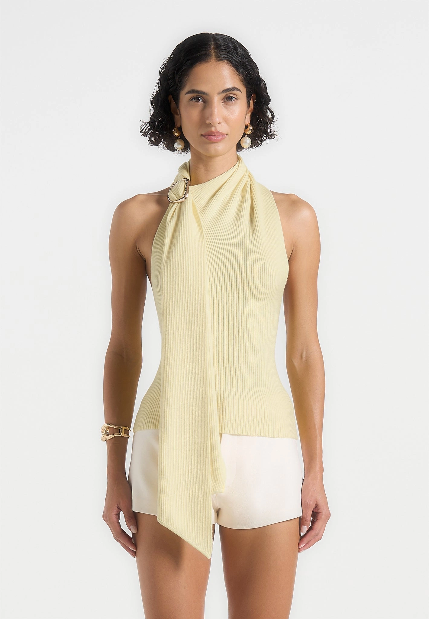 City Ready weekday look Elodie - Knitted Draped Halterneck Top - Pale Yellow