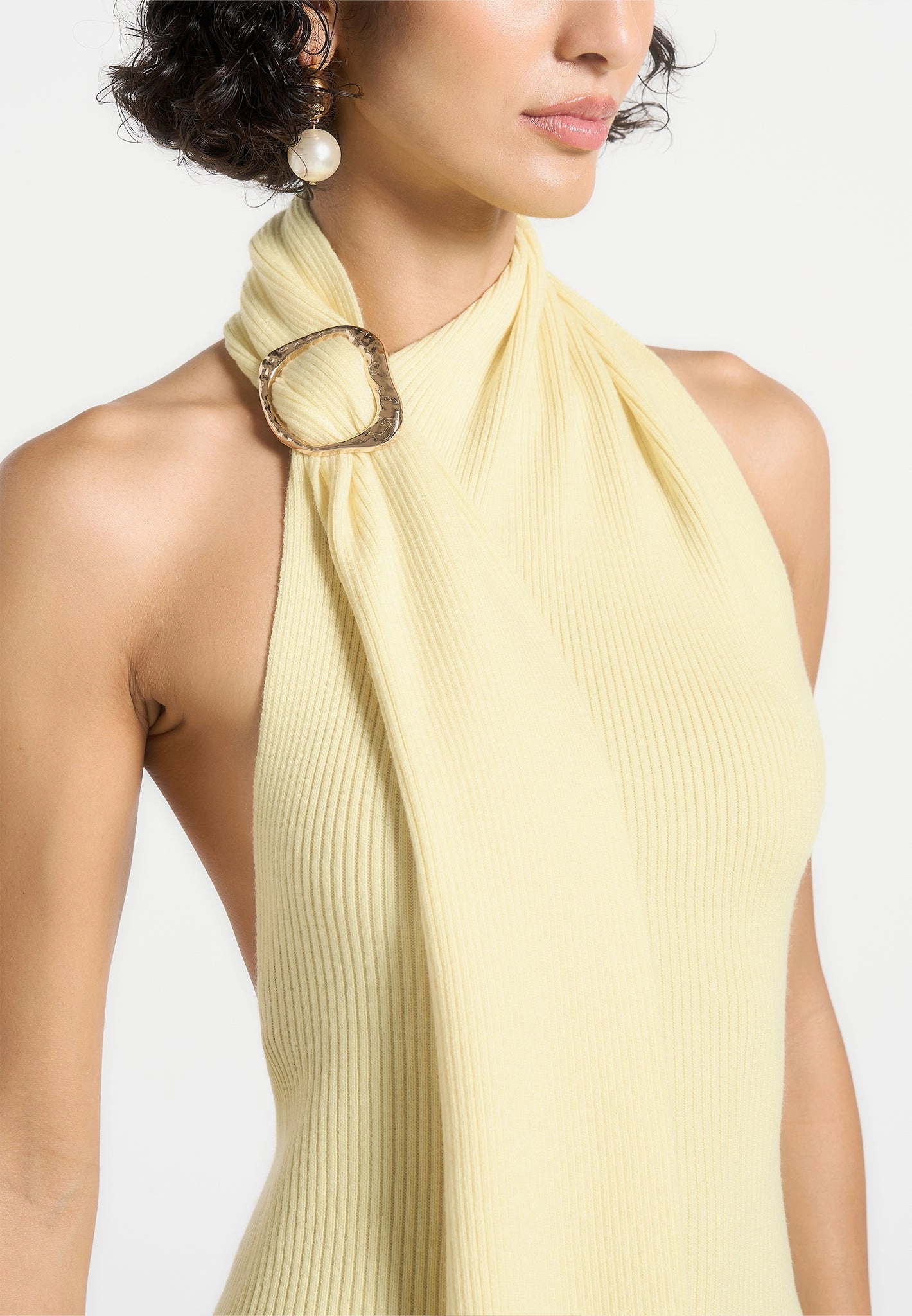 Easy Layering Reinforced Neckline Stitching Elodie - Knitted Draped Halterneck Top - Pale Yellow