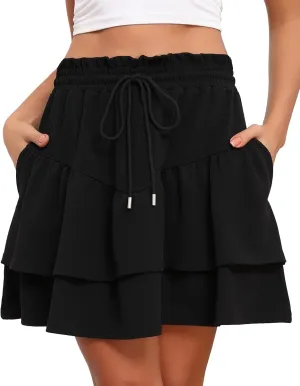 LOUSGUTA Ruffle Mini Skirt for Women Flowy Tiered High Waisted Summer Casual Skater Short Skirts with Pockets