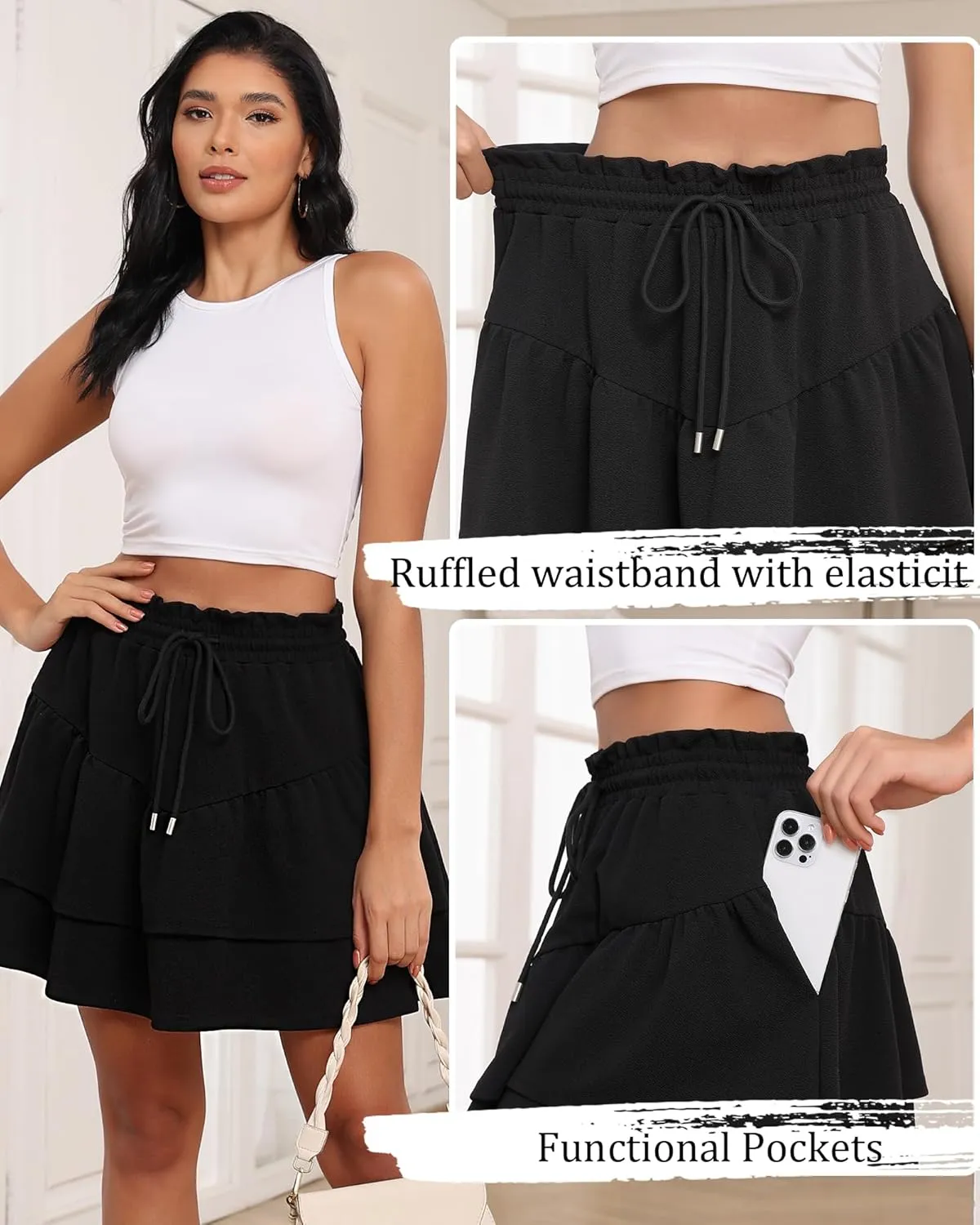 LOUSGUTA Ruffle Mini Skirt for Women Flowy Tiered High Waisted Summer Casual Skater Short Skirts with Pockets