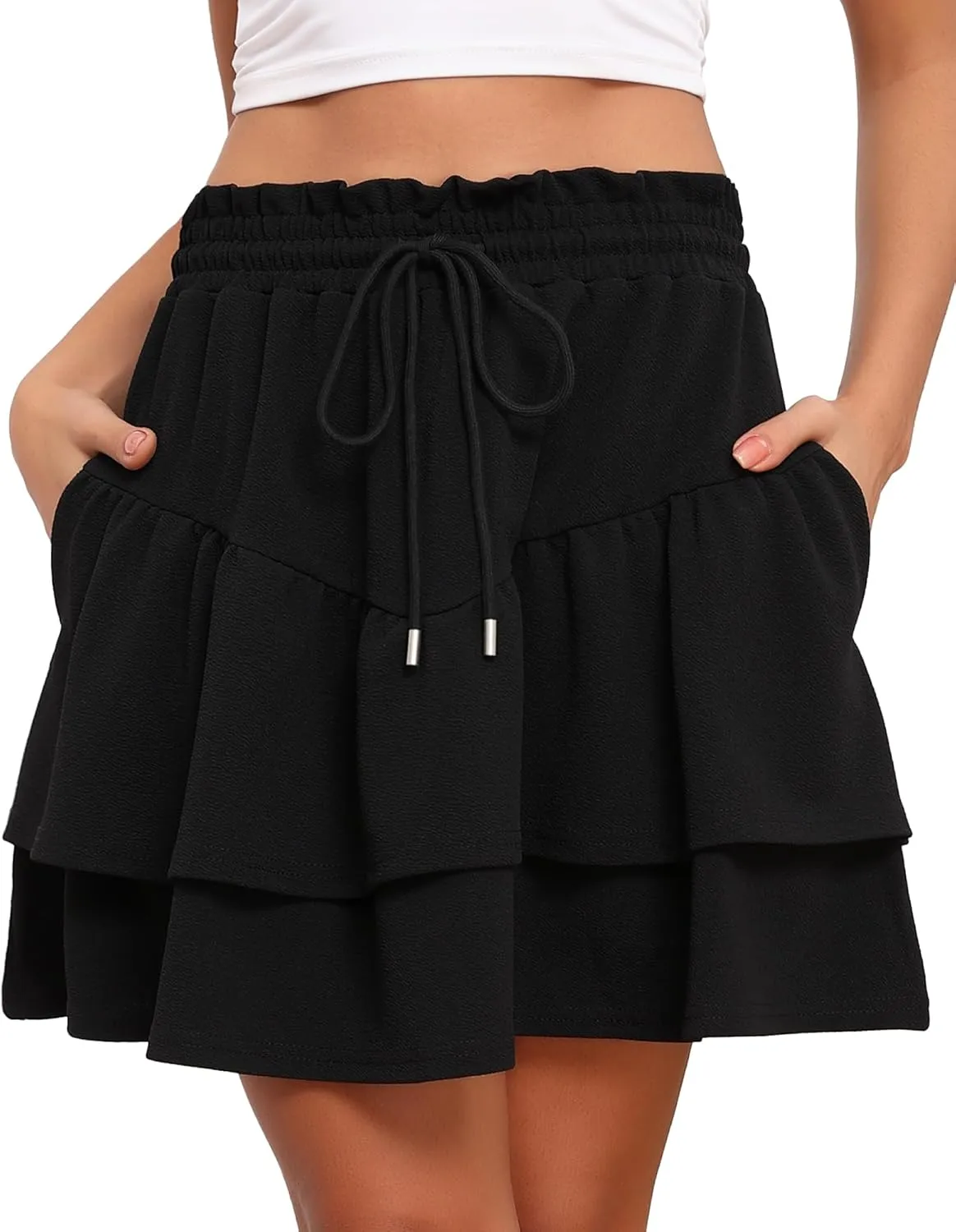 LOUSGUTA Ruffle Mini Skirt for Women Flowy Tiered High Waisted Summer Casual Skater Short Skirts with Pockets