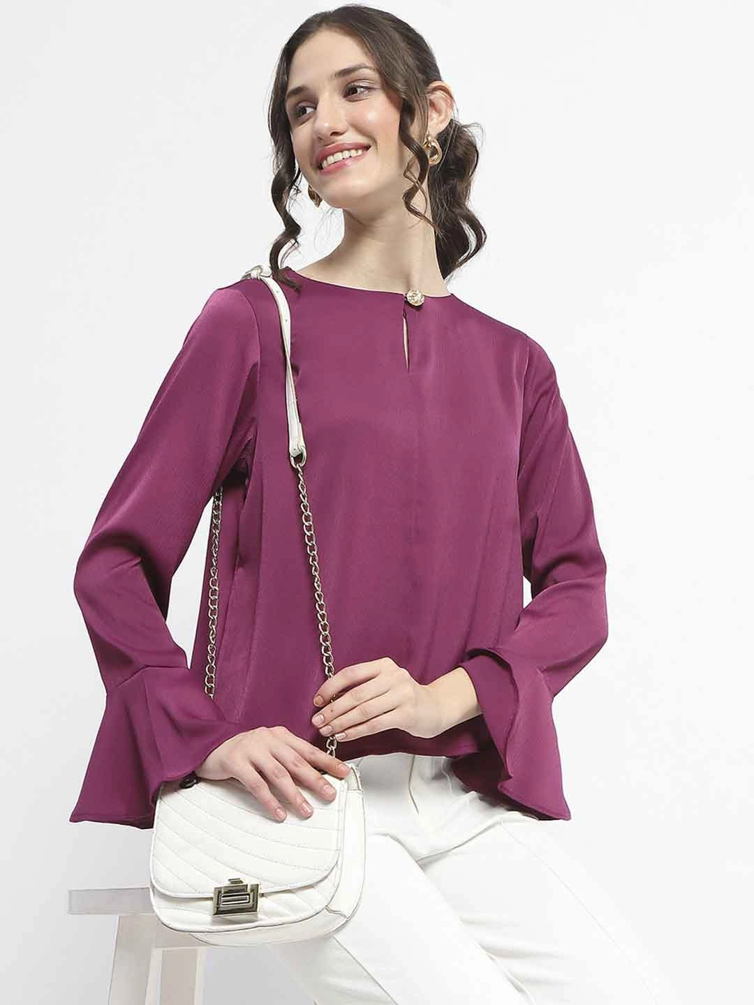Madame Solid Plum Ruffle Sleeve Satin Top PreShrunkFabric Heather Effect Finish