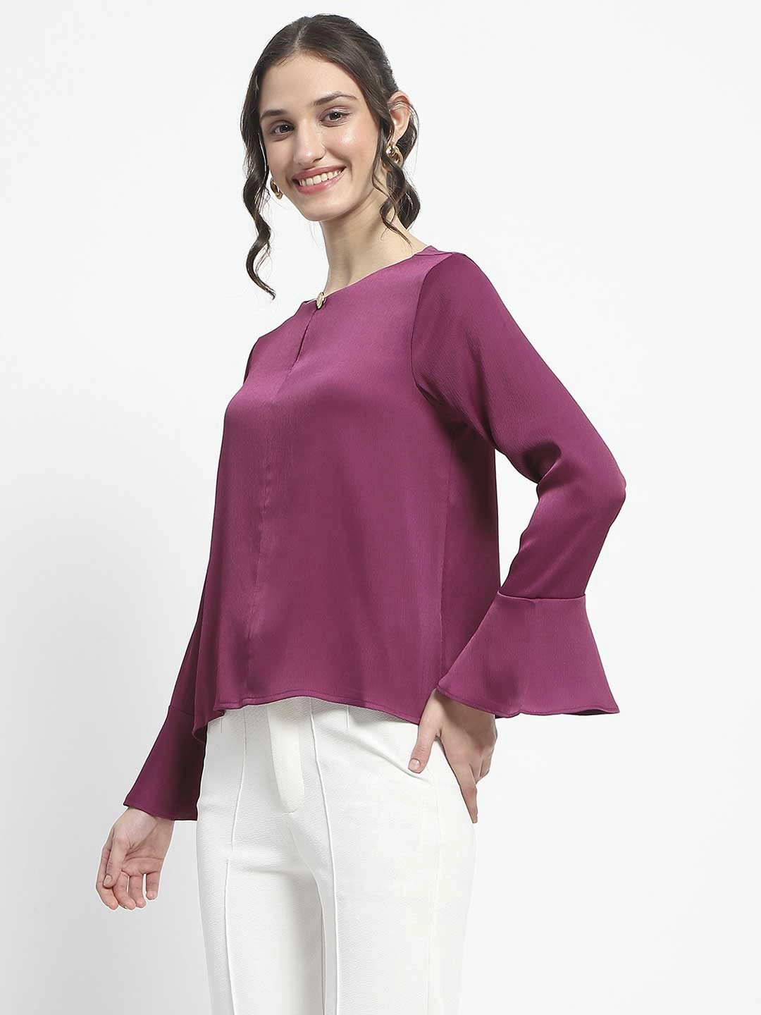 Madame Solid Plum Ruffle Sleeve Satin Top DualLayer Weave Ultraviolet Protection Finish