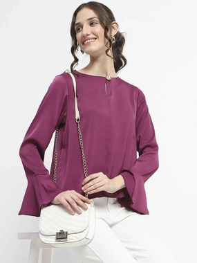 Madame Solid Plum Ruffle Sleeve Satin Top PreShrunkFabric Heather Effect Finish