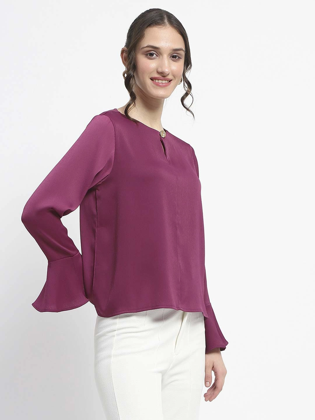 Madame Solid Plum Ruffle Sleeve Satin Top VentilatedMeshPaneling Formal Wear
