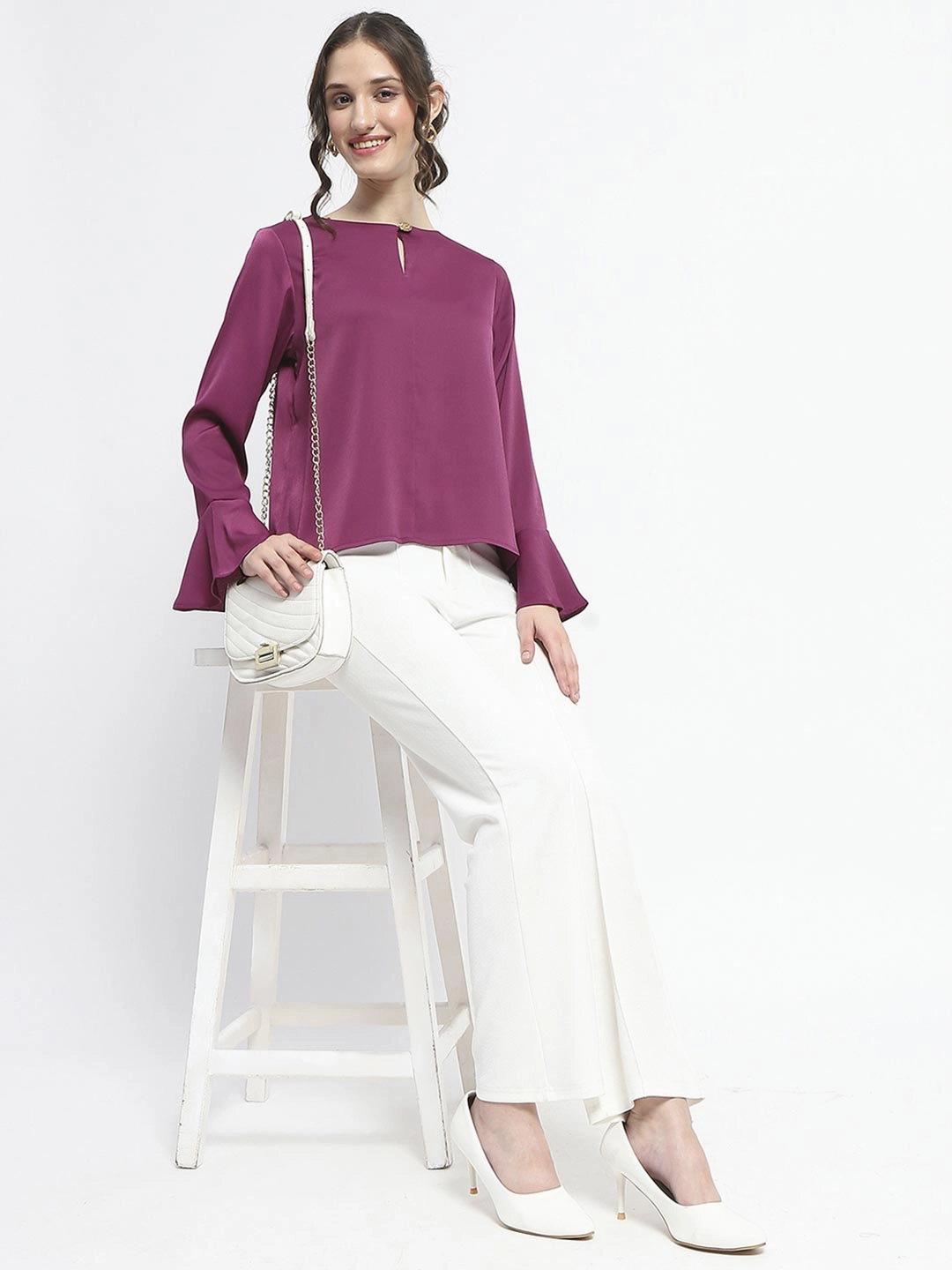 Layered Hem Reinforcement Madame Solid Plum Ruffle Sleeve Satin Top