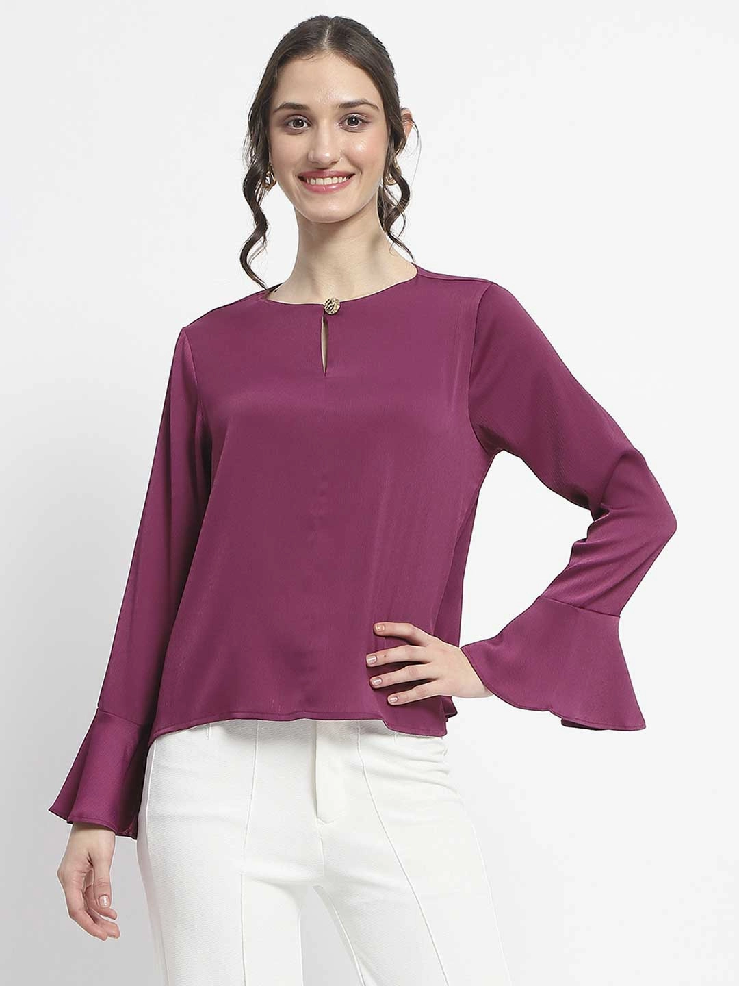 Madame Solid Plum Ruffle Sleeve Satin Top Basic Sweatshirt