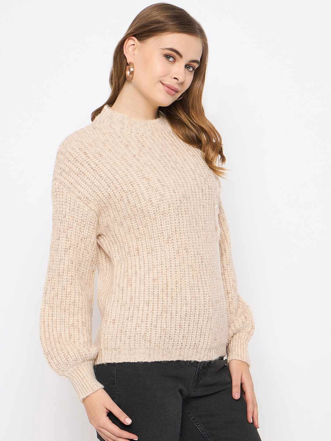 Madame Flower Applique Beige Sweater Stylish Layer Layered Neckline
