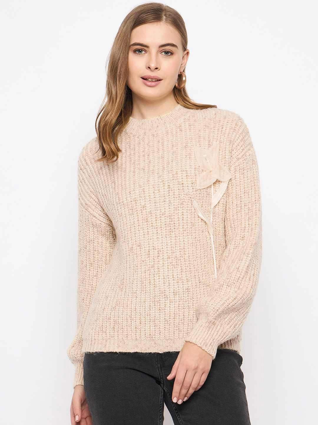 Madame Flower Applique Beige Sweater Fine Gauge Sustainable Production Certified