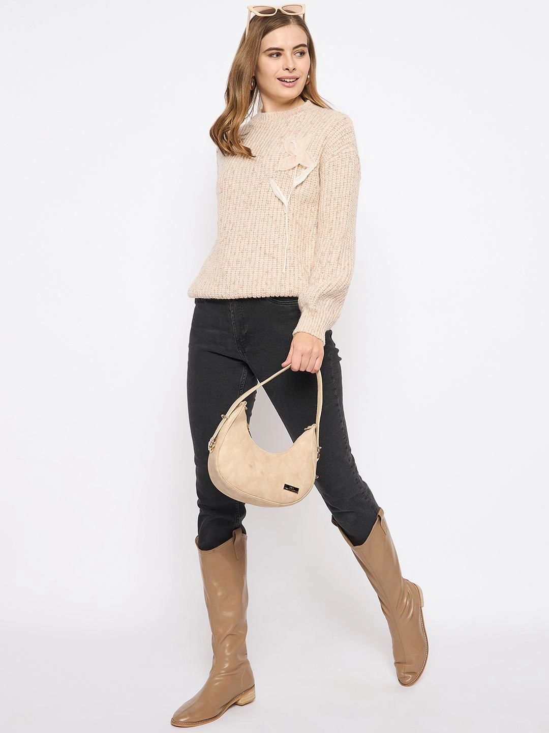 Madame Flower Applique Beige Sweater Casual Knit