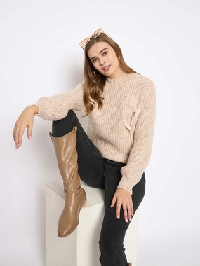 Madame Flower Applique Beige Sweater Comfy Knit Outfit