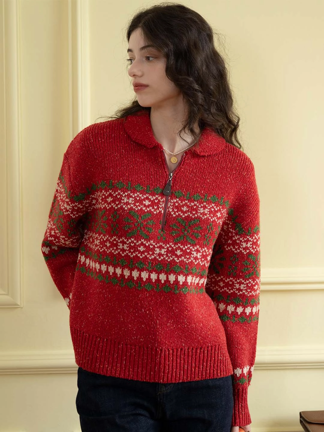 ??Final Sale??Skylar Geo Pattern Half Zip Drop Shoulder Sweater Minimalist Button Placket Seasonal Fit