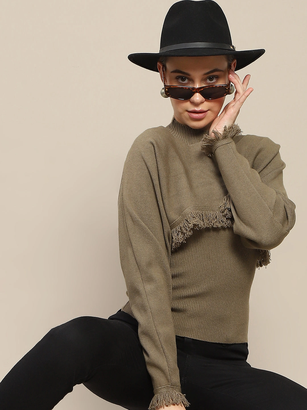 Breathable Warmth Madame Front Ripped Full Sleeve Olive Sweater