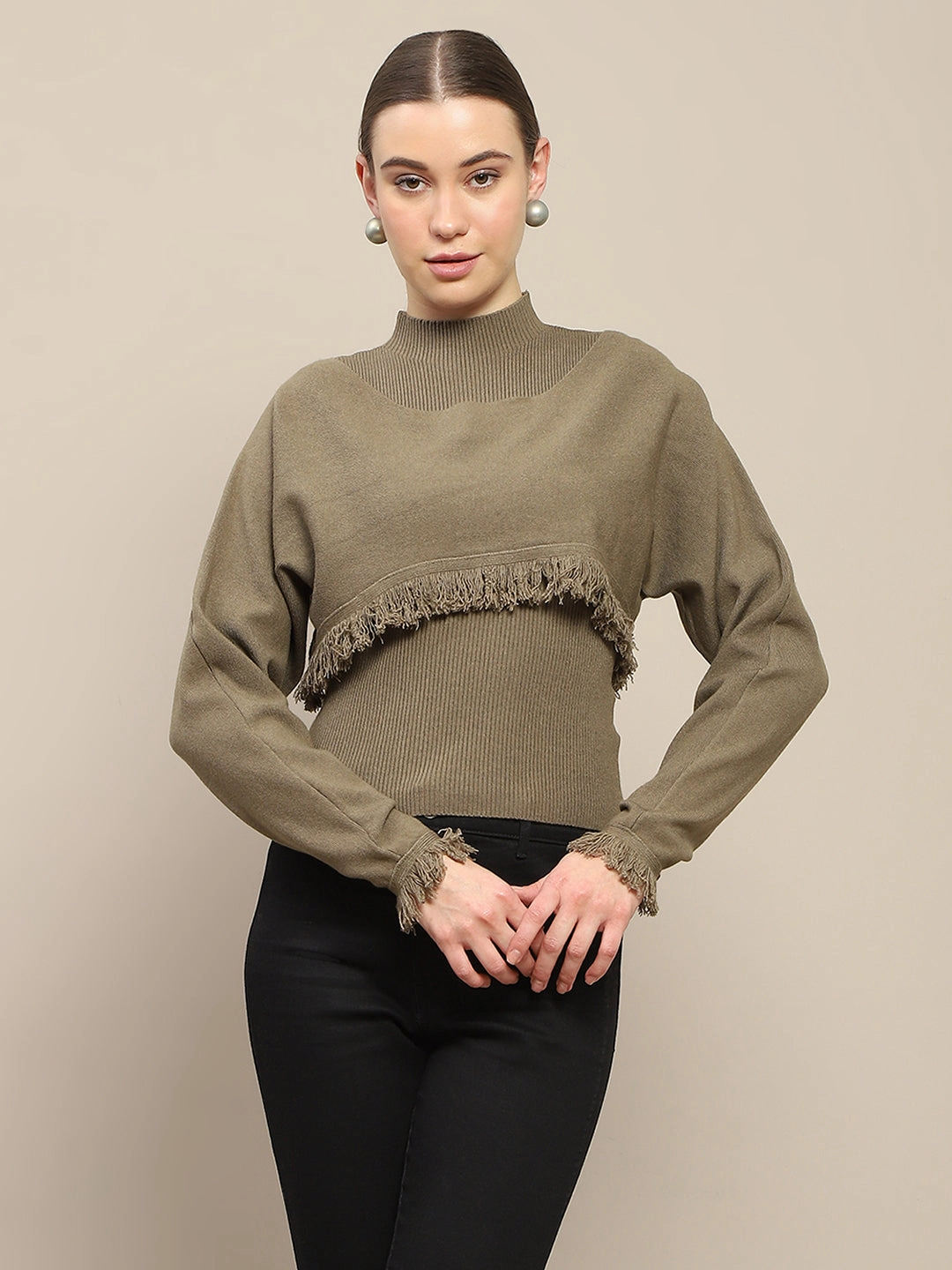 Madame Front Ripped Full Sleeve Olive Sweater Warm Base