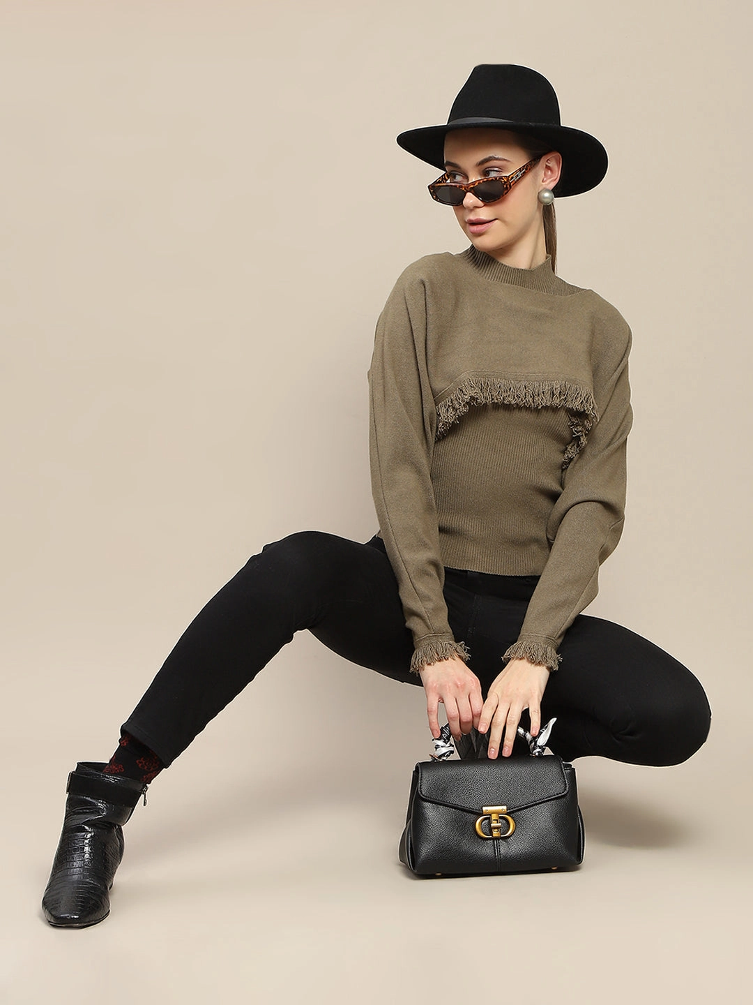 Trendy Layers Madame Front Ripped Full Sleeve Olive Sweater