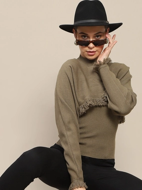 Breathable Warmth Madame Front Ripped Full Sleeve Olive Sweater