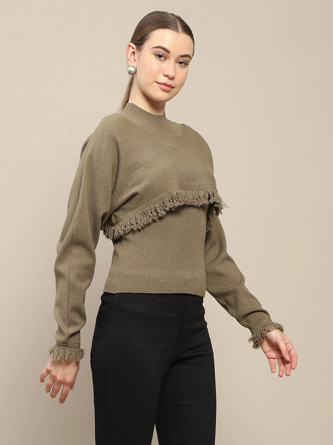 Madame Front Ripped Full Sleeve Olive Sweater All Purpose Wear
