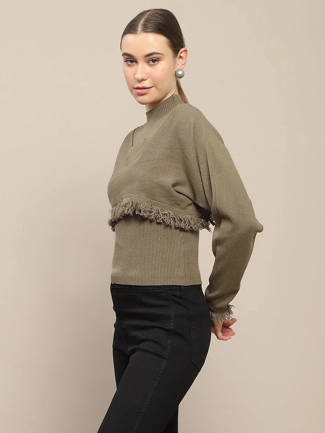 Madame Front Ripped Full Sleeve Olive Sweater Premium Knitwear Yarn Dyed Fabric