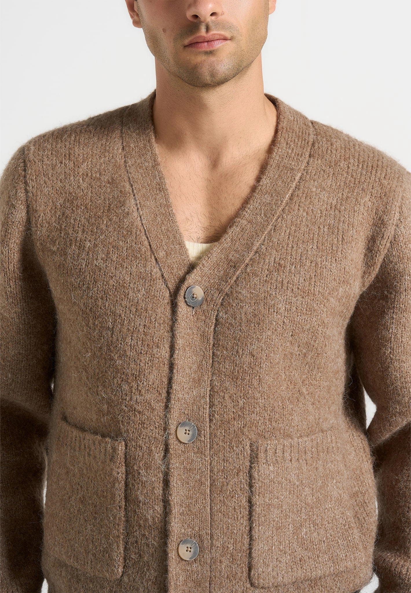 Compression Fit Tonal Stitching Detail Aldo - Wool Knit Cardigan - Taupe