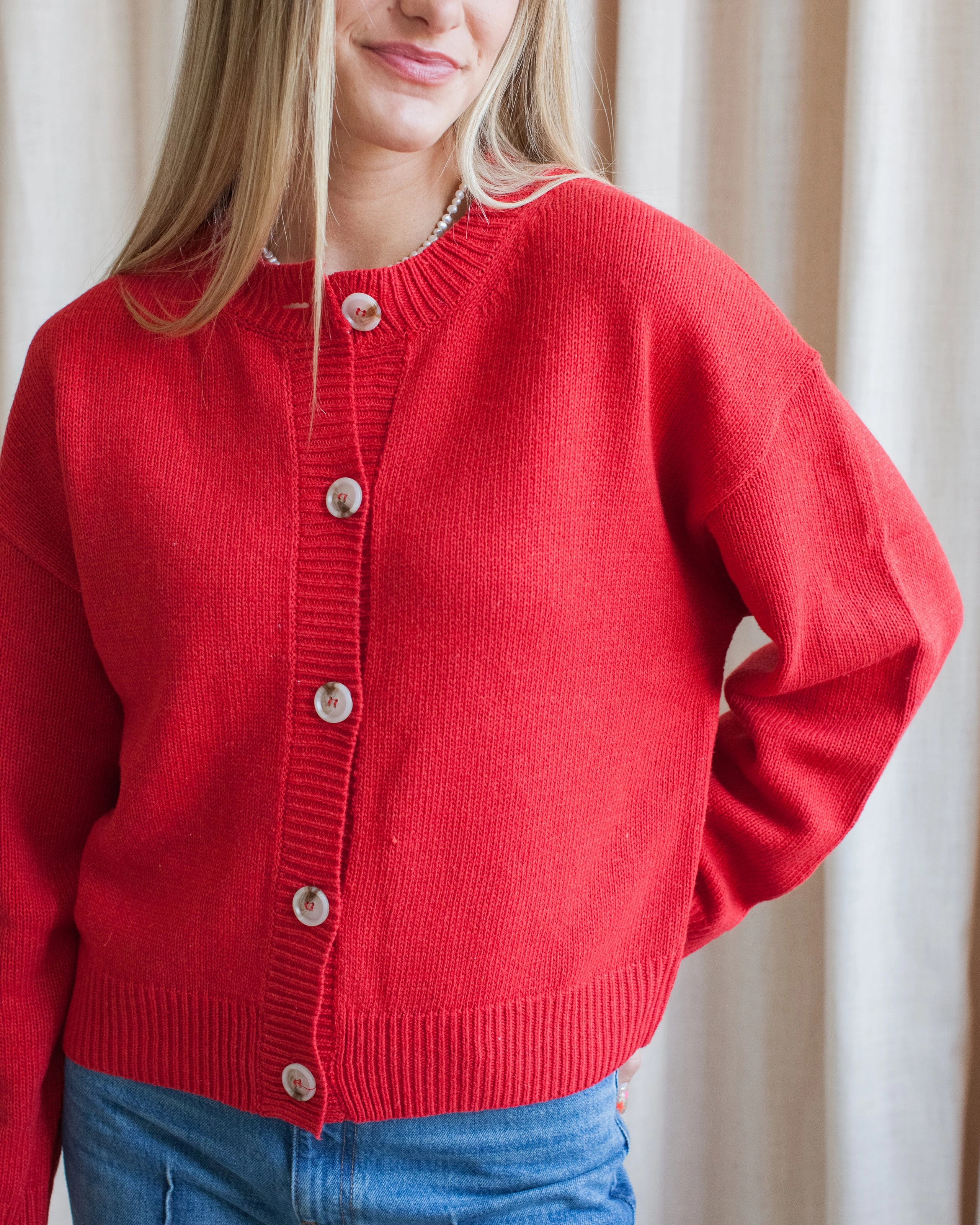 Ophelia Cardigan - Red Ribbed Trim
