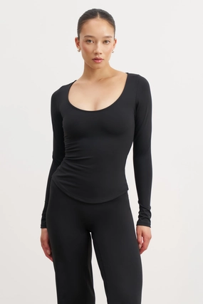 Breathable Mesh Insert GarmentWashed Texture Base Sculpting Scoop Neck Long Sleeve Top - Black