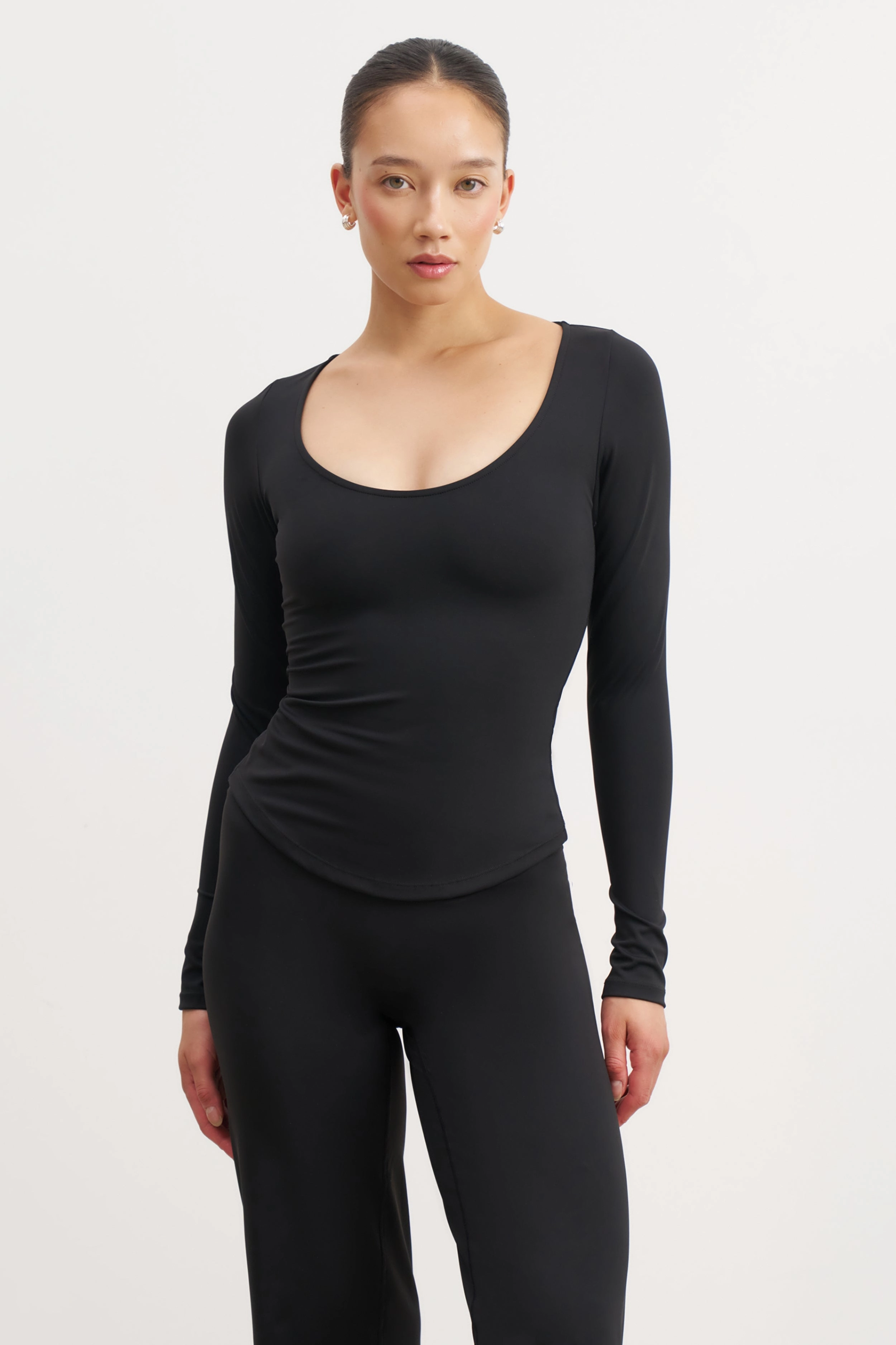 Breathable Mesh Insert GarmentWashed Texture Base Sculpting Scoop Neck Long Sleeve Top - Black