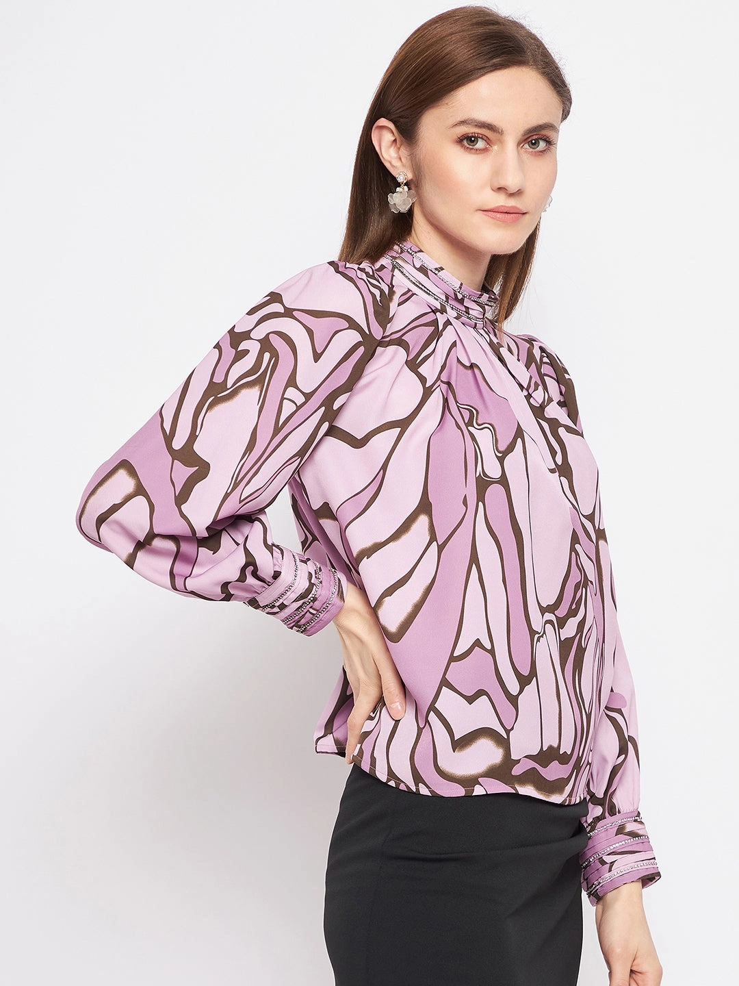 ReinforcedArmholes Madame Printed Floral Motif Mauvea?Top