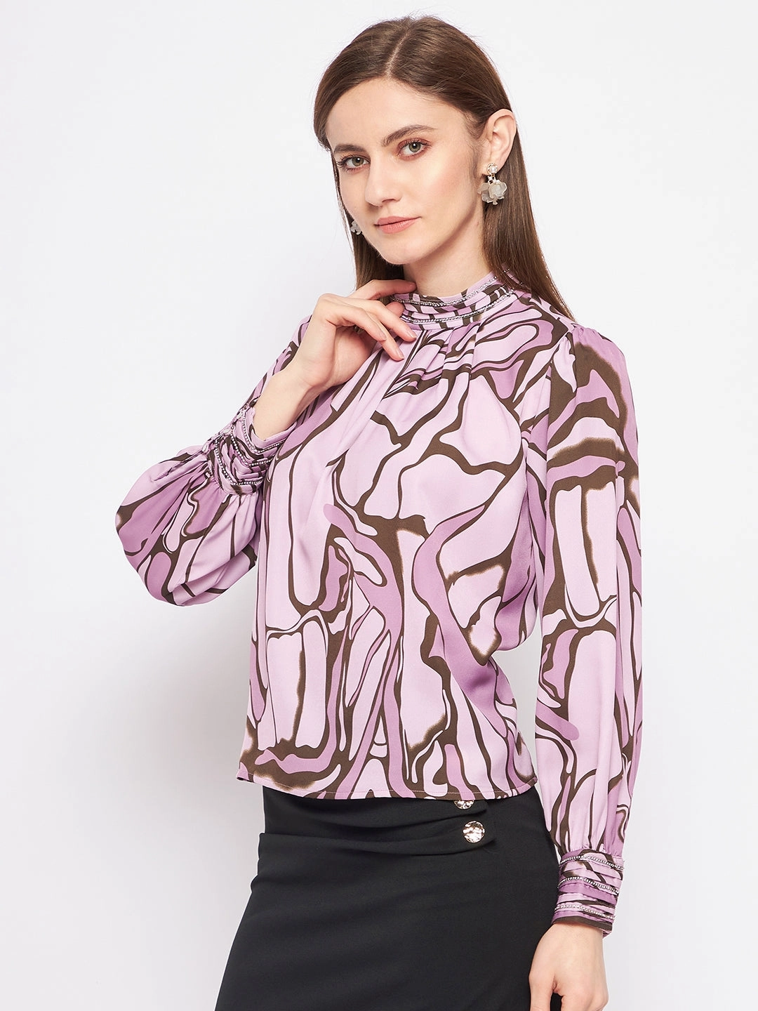 Tencel Lyocell Fiber ConvertibleCollarSystem Madame Printed Floral Motif Mauvea?Top