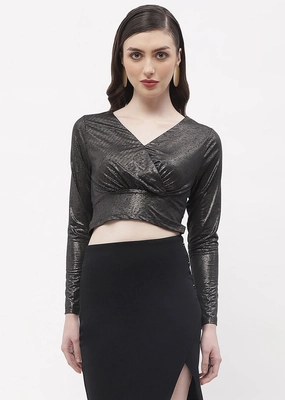Madame Sweetheart Neck Black Shimmery Crop Top ButtonDownCollar Ergonomic Shoulder Shape