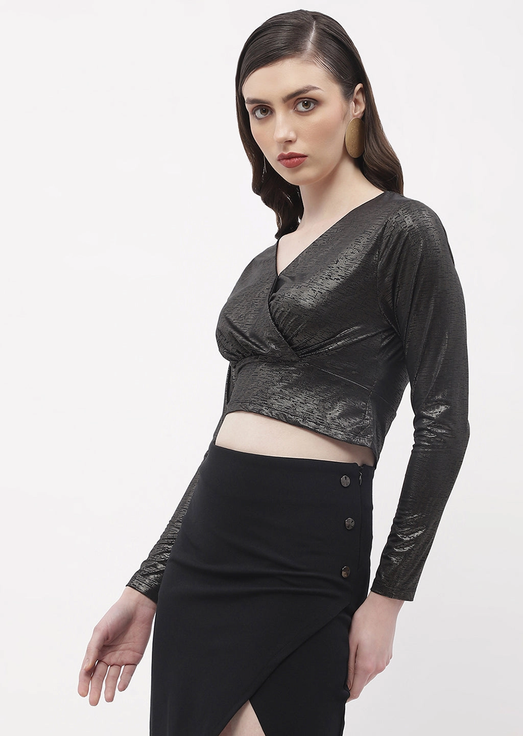 WaterRepellent Finish Madame Sweetheart Neck Black Shimmery Crop Top