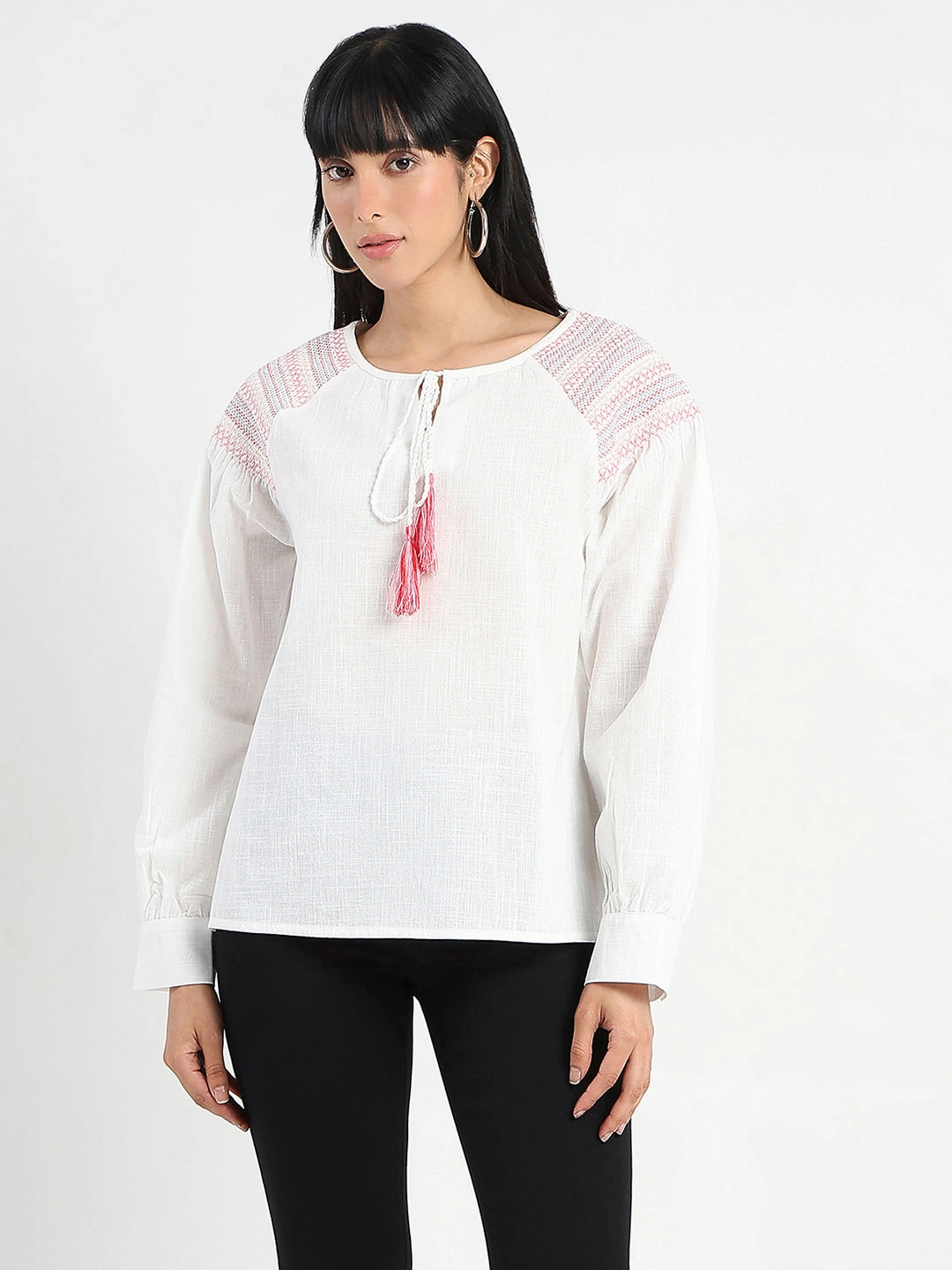 Madame Tie Neck Cotton Blend White Top Temperature Regulating Textile