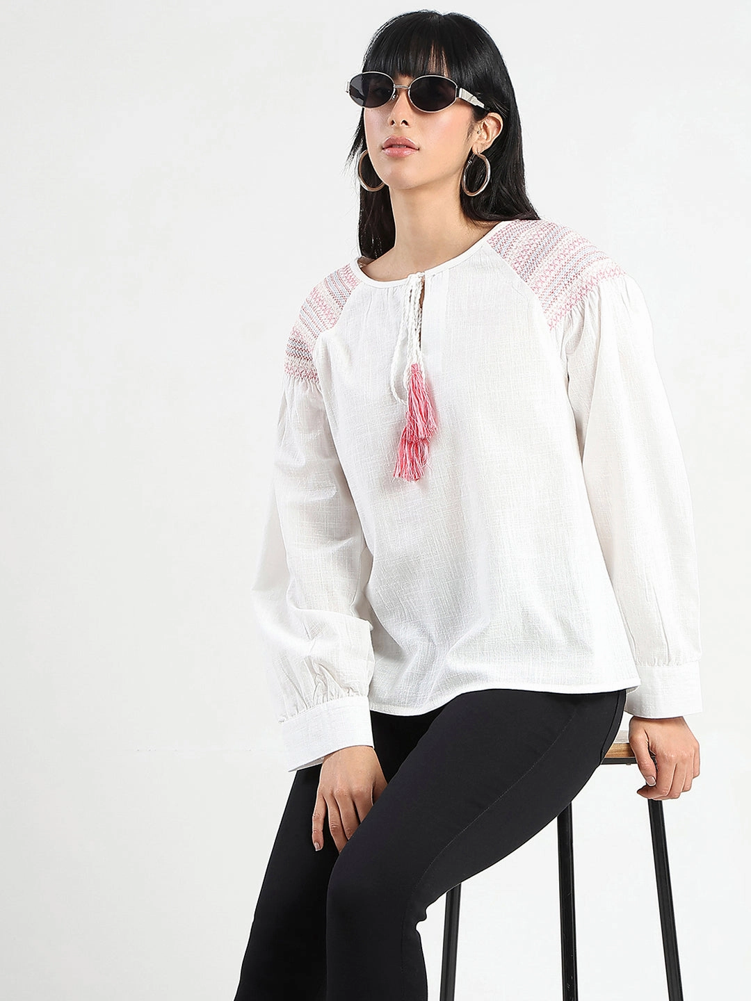 Lightweight Jacket Madame Tie Neck Cotton Blend White Top
