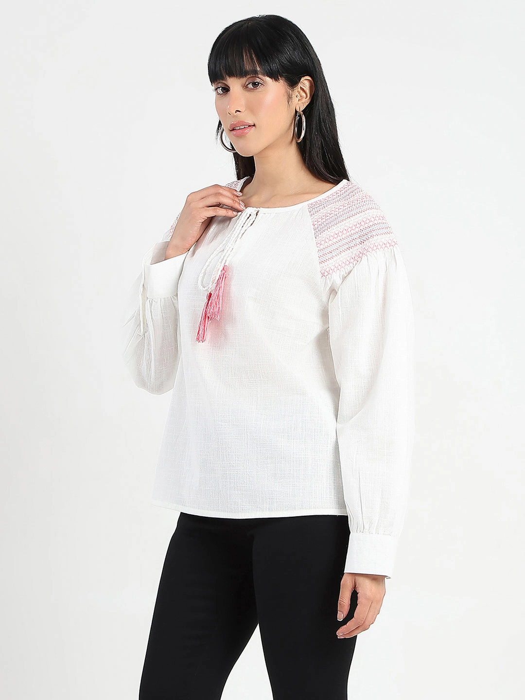 Madame Tie Neck Cotton Blend White Top Flexible Knit