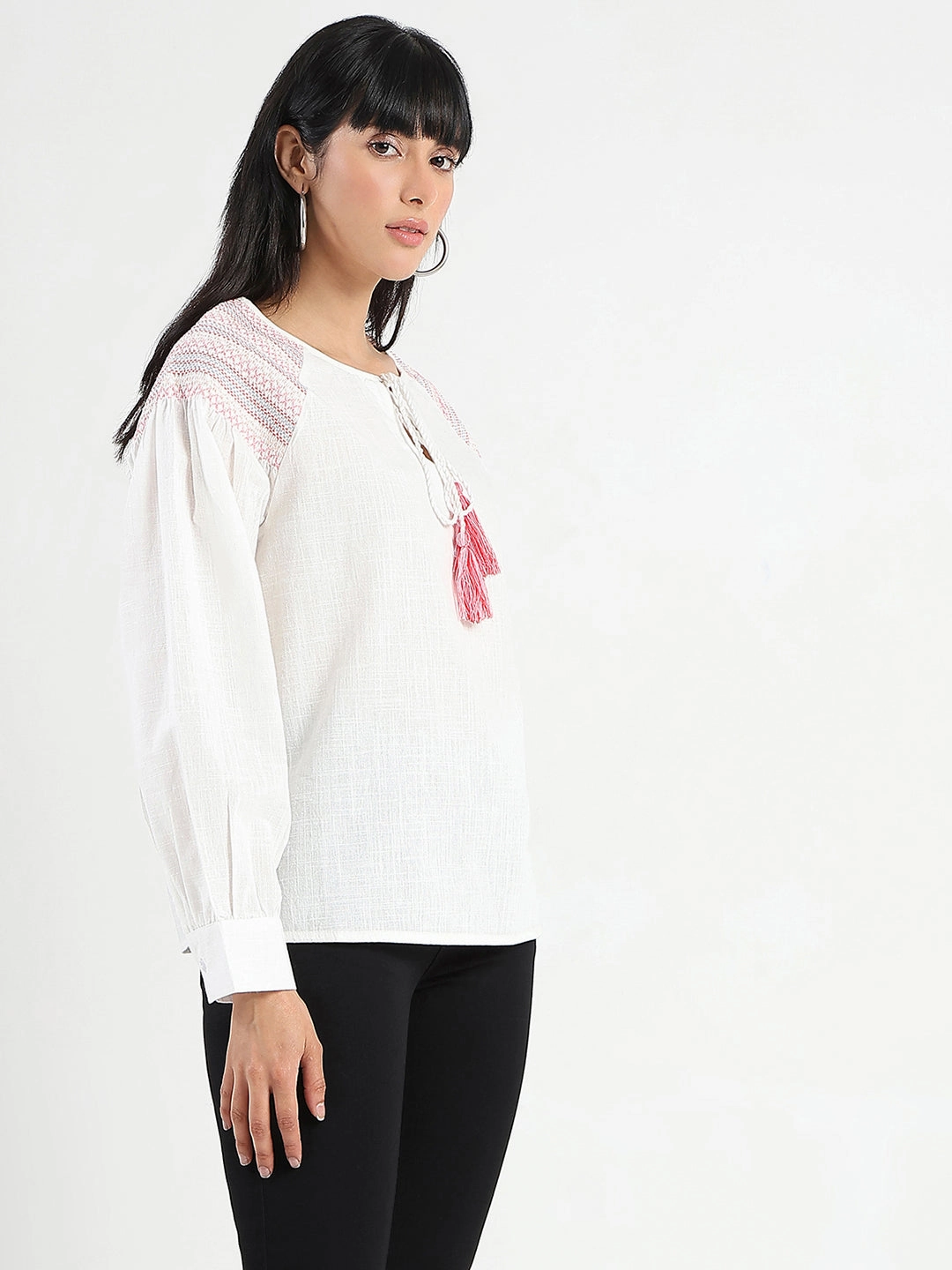 Madame Tie Neck Cotton Blend White Top Drop Shoulder Cut