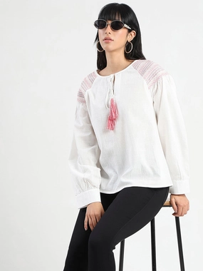 Lightweight Jacket Madame Tie Neck Cotton Blend White Top