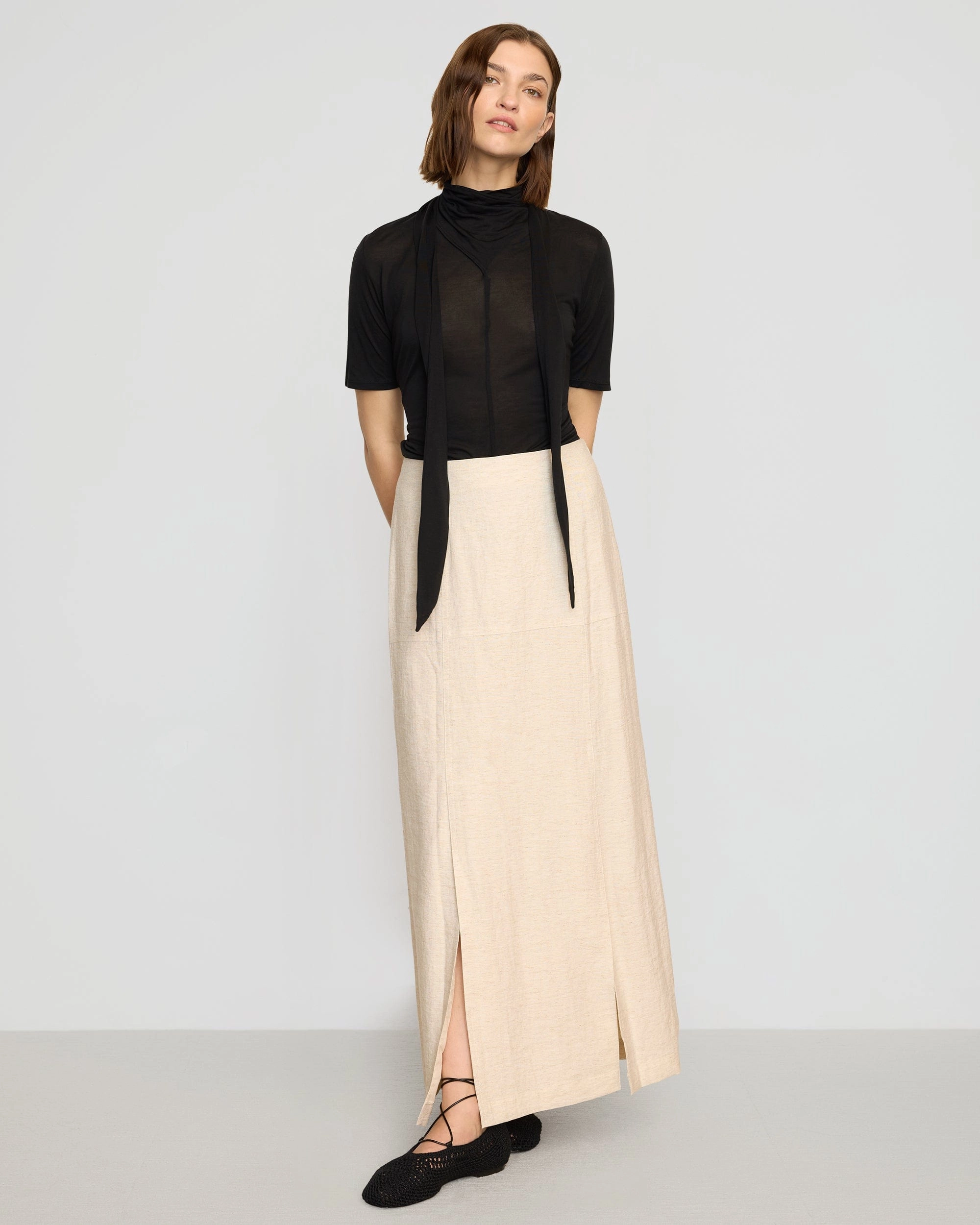 Lucine Scarf-Neck Semi-Sheer Tencel Tee Durable Reinforced Elbows AntiStaticFinish