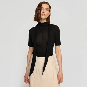 Modern Silhouette Elegant Cardigan Lucine Scarf-Neck Semi-Sheer Tencel Tee