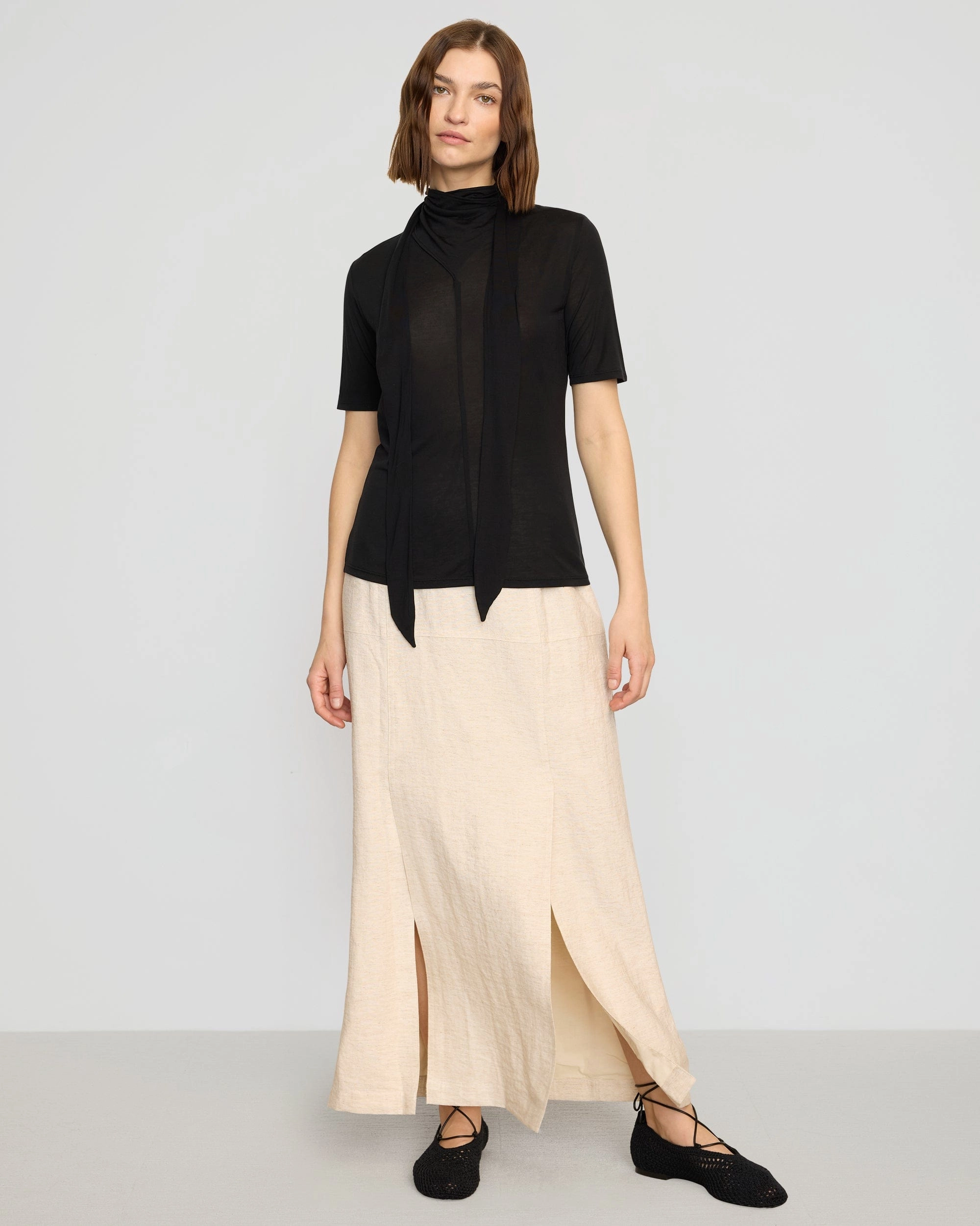 Denim Shirt Lucine Scarf-Neck Semi-Sheer Tencel Tee