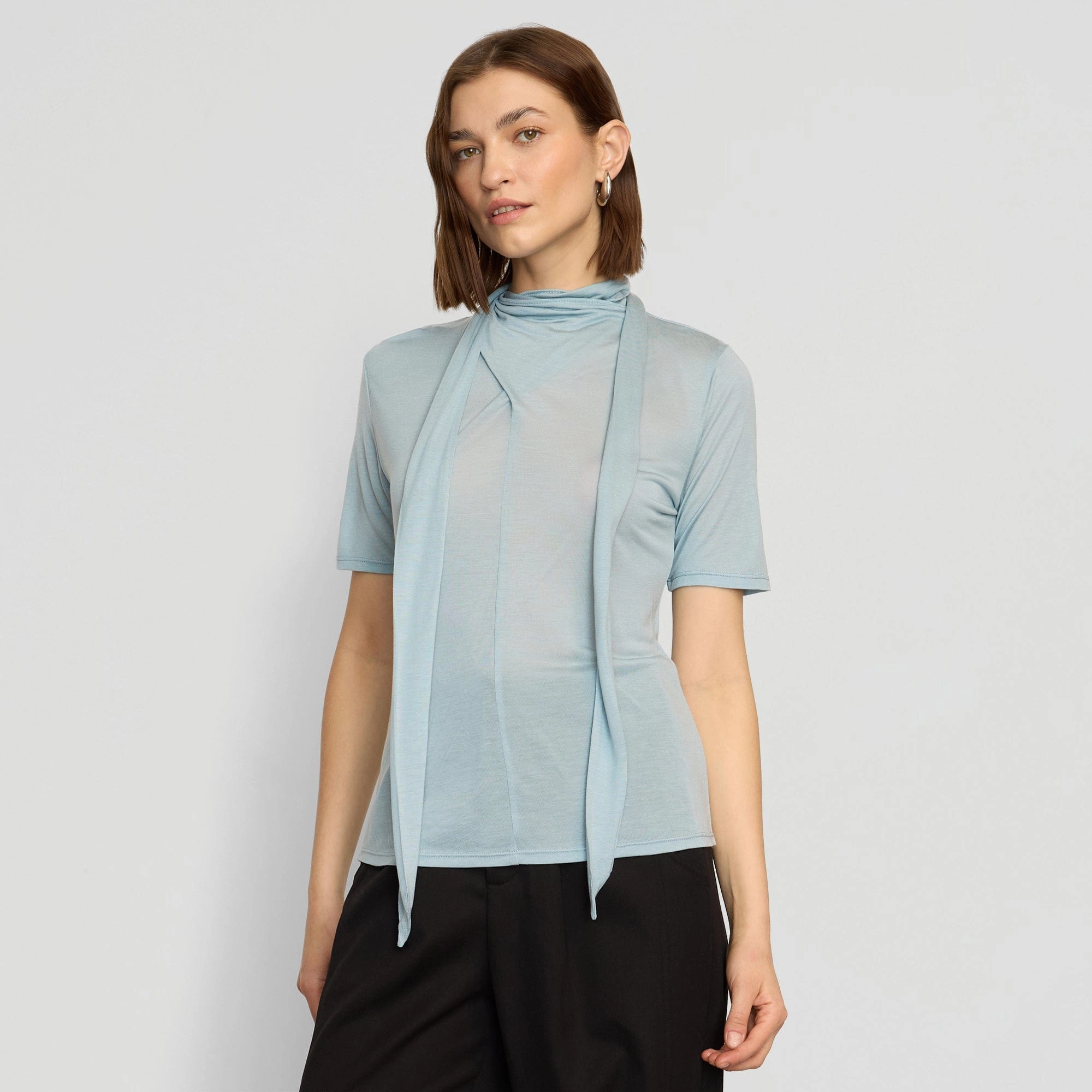 Adjustable Cuffs NonChafe Lining Lucine Scarf-Neck Semi-Sheer Tencel Tee