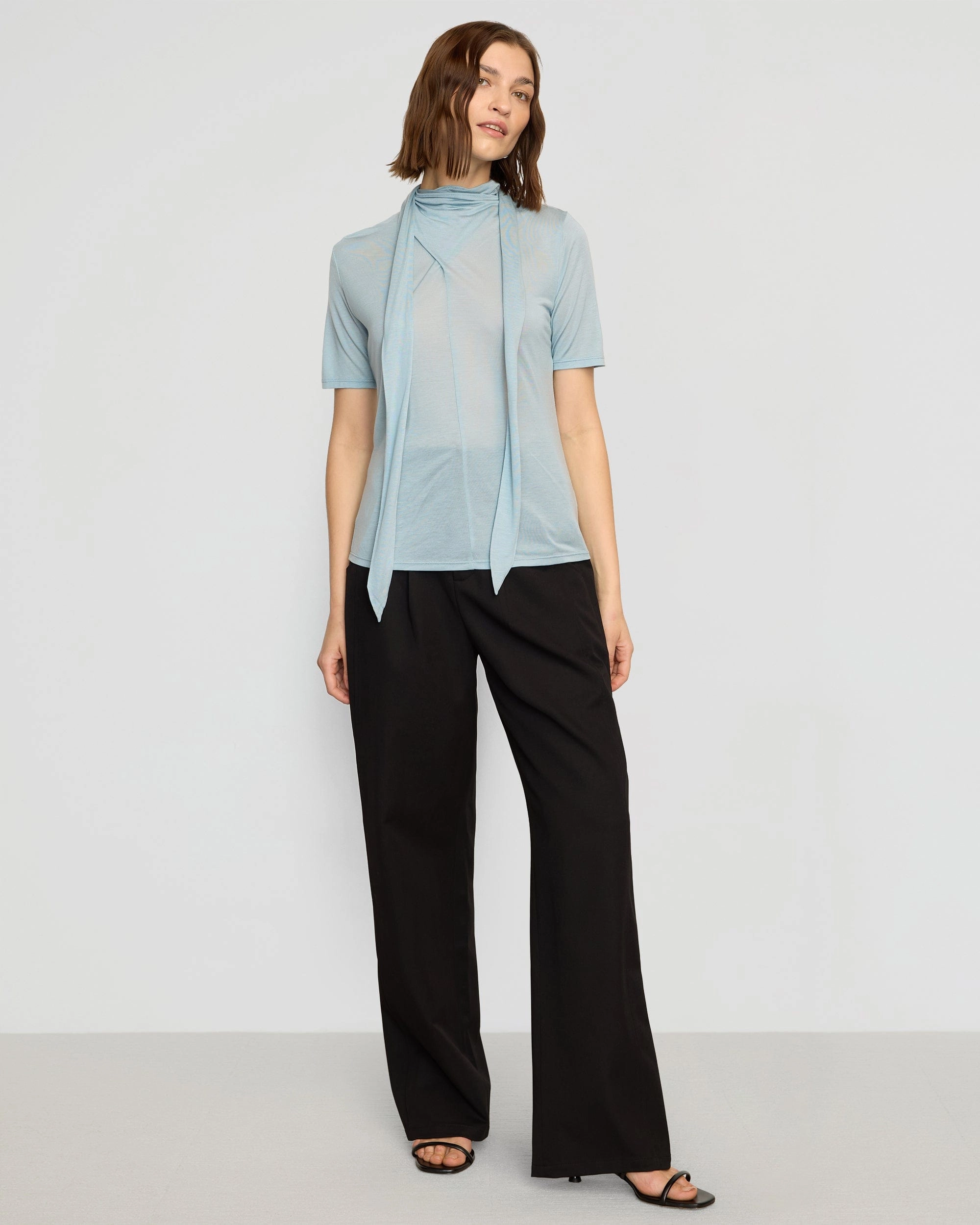 Stretch waistband FlatlockStitching Lucine Scarf-Neck Semi-Sheer Tencel Tee