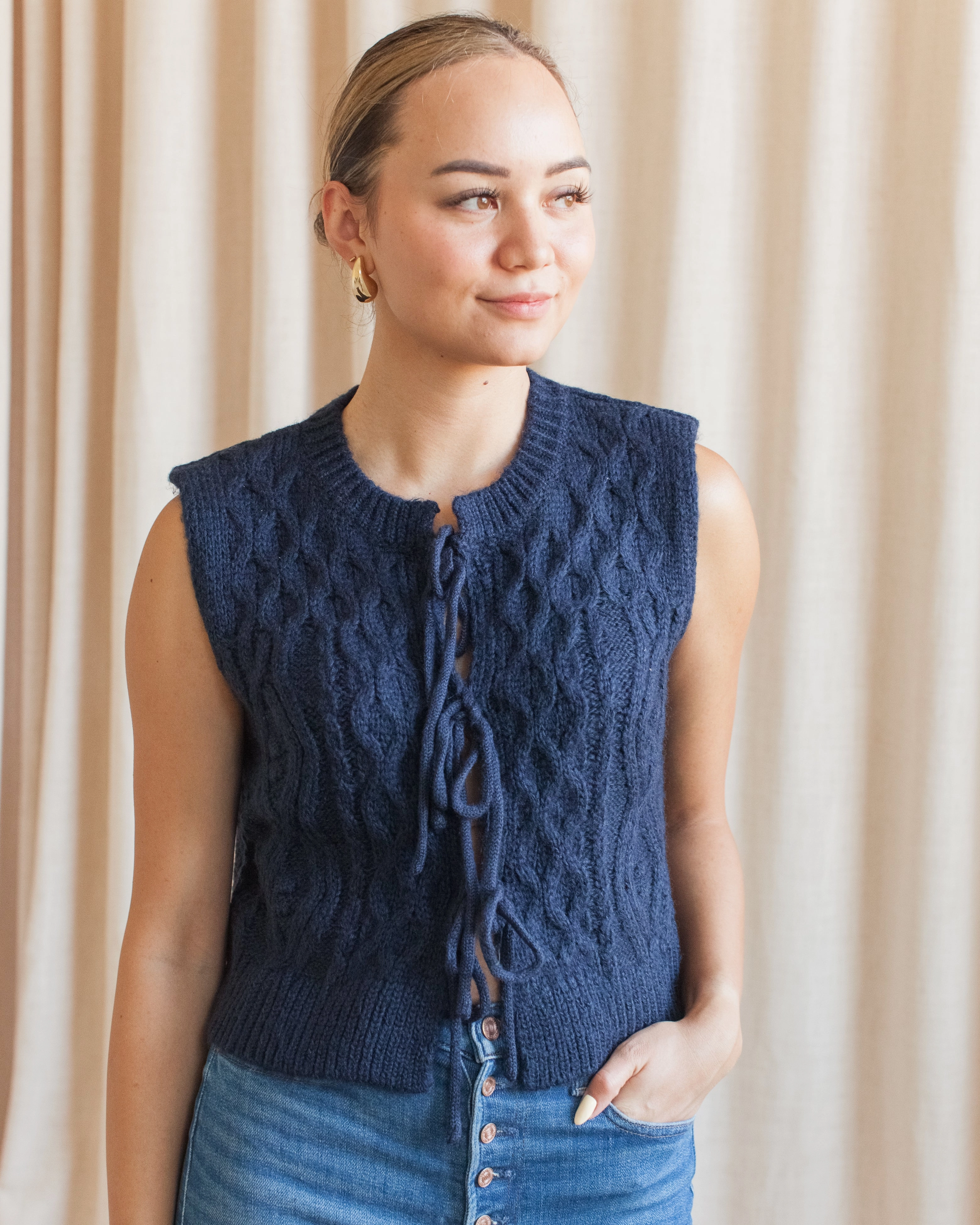 Lucy Cable Knit Vest - Navy StretchRecovery Yarn