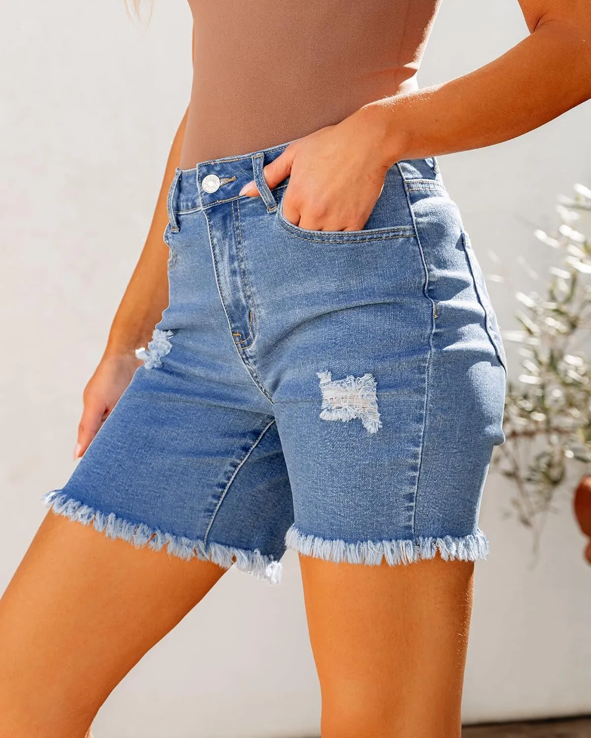 luvamia Jean Shorts for Women High Waisted Trendy Casual Distressed Stretchy Denim Long Shorts Ripped Raw Hem Shorts