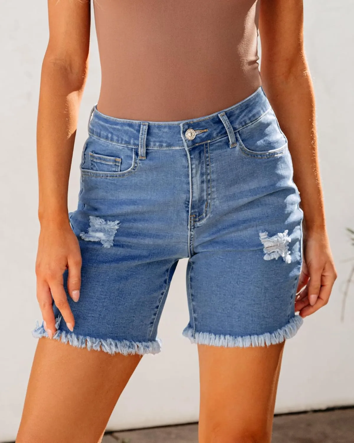 luvamia Jean Shorts for Women High Waisted Trendy Casual Distressed Stretchy Denim Long Shorts Ripped Raw Hem Shorts