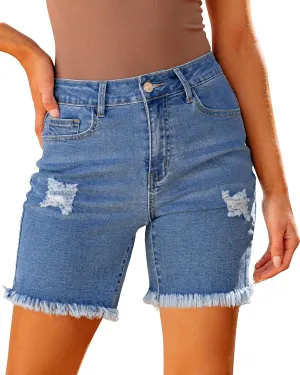 luvamia Jean Shorts for Women High Waisted Trendy Casual Distressed Stretchy Denim Long Shorts Ripped Raw Hem Shorts