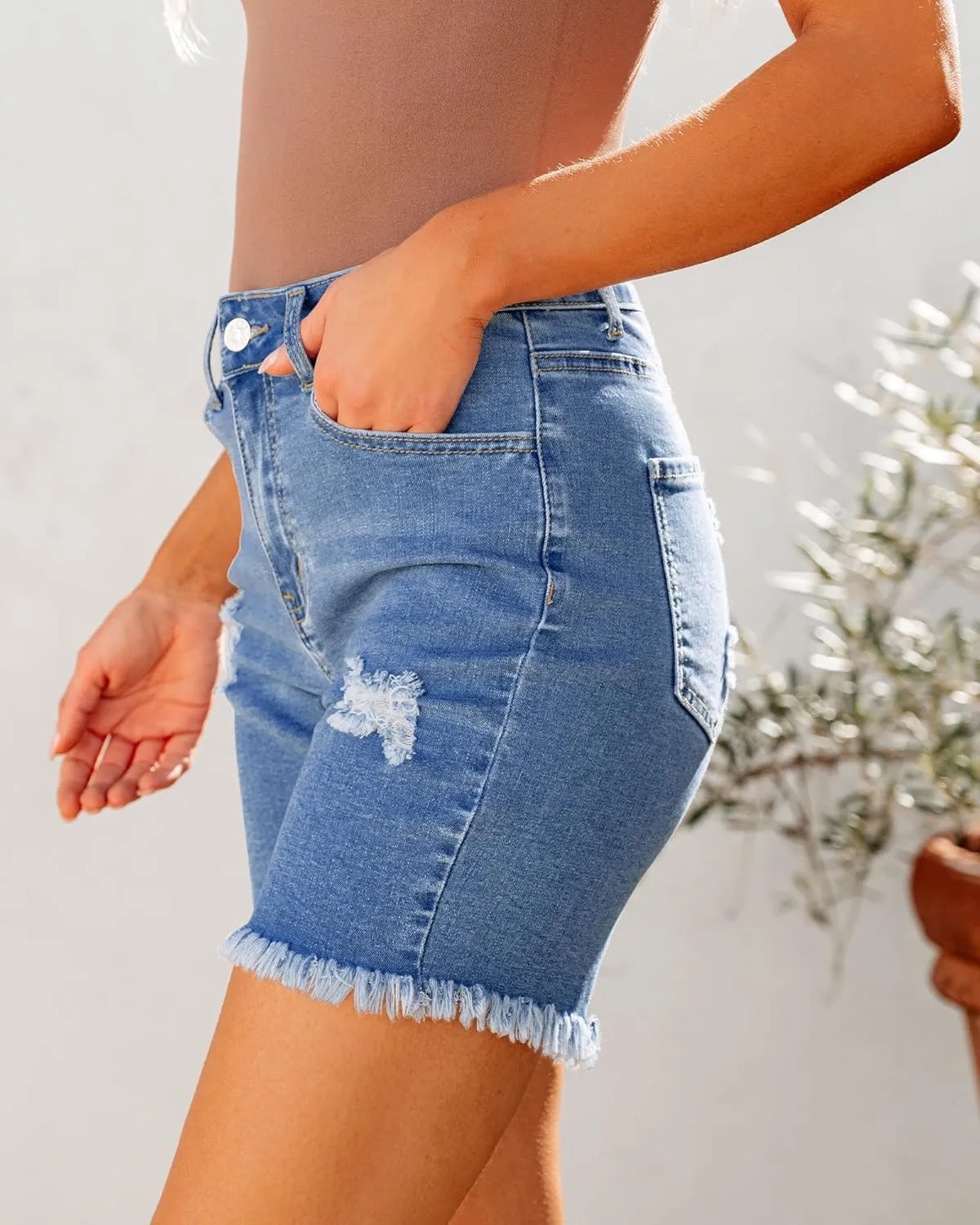 luvamia Jean Shorts for Women High Waisted Trendy Casual Distressed Stretchy Denim Long Shorts Ripped Raw Hem Shorts